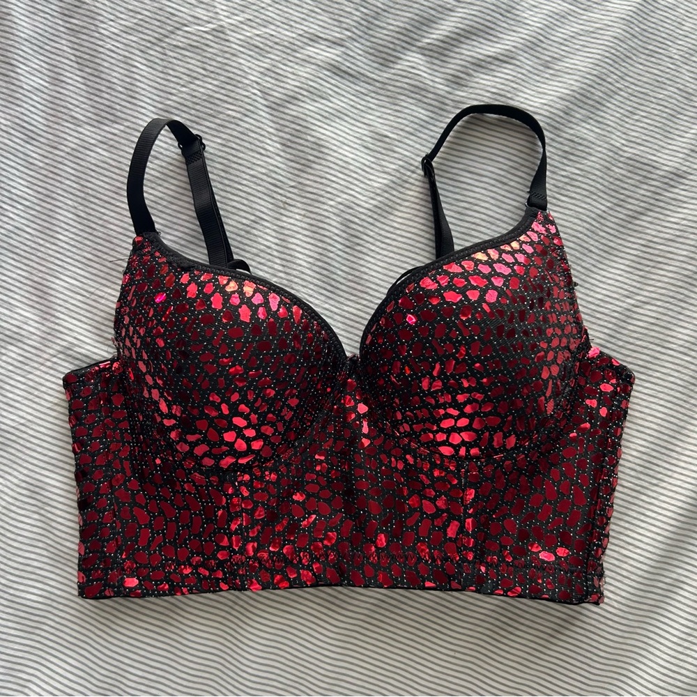 XS 34B Black and Red Shiny Bustier Bra Corset Top